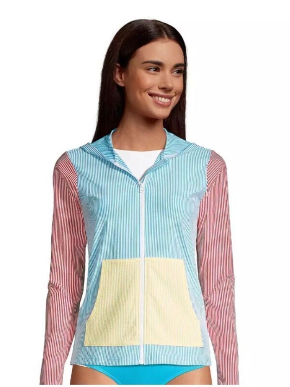 Land’s End Seer-Sucker Hooded UPF 50 Zip-Front Rashguard Size L
